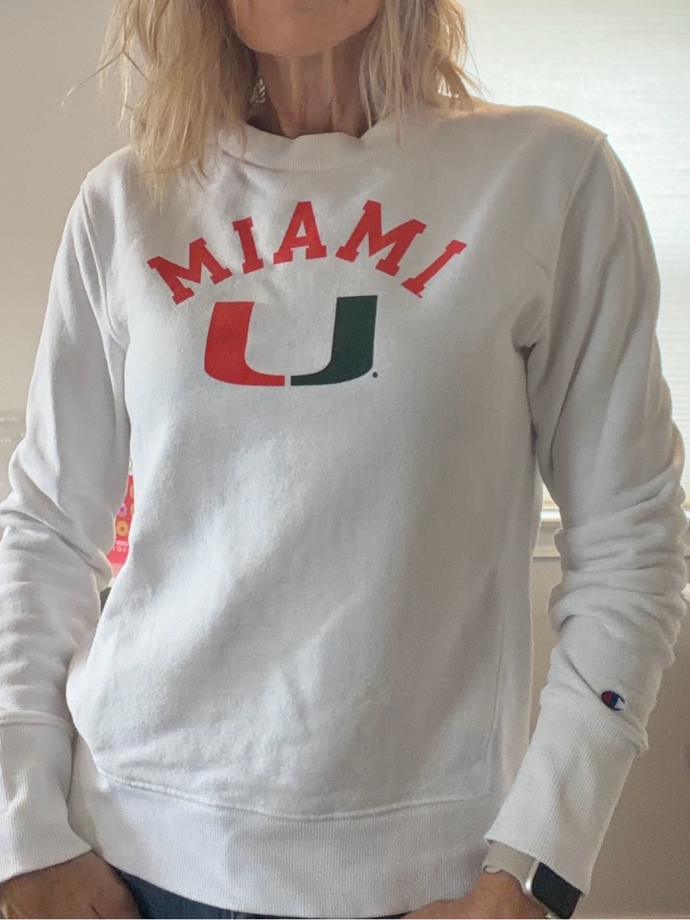 Champion White Miami U Crewneck Sweatshirt with Red and Green Logo